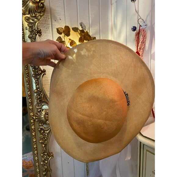 vintage 1960s wide brim straw hat Mr John natural 40s style cartwheel 60s summer - Picture 3 of 12